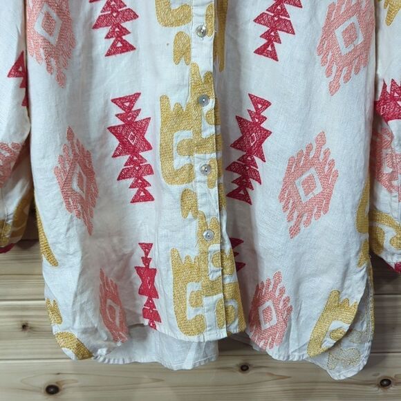 John Mark Top Womens Large Beige Embroidered Button Front Blouse Boho Art - Picture 5 of 12